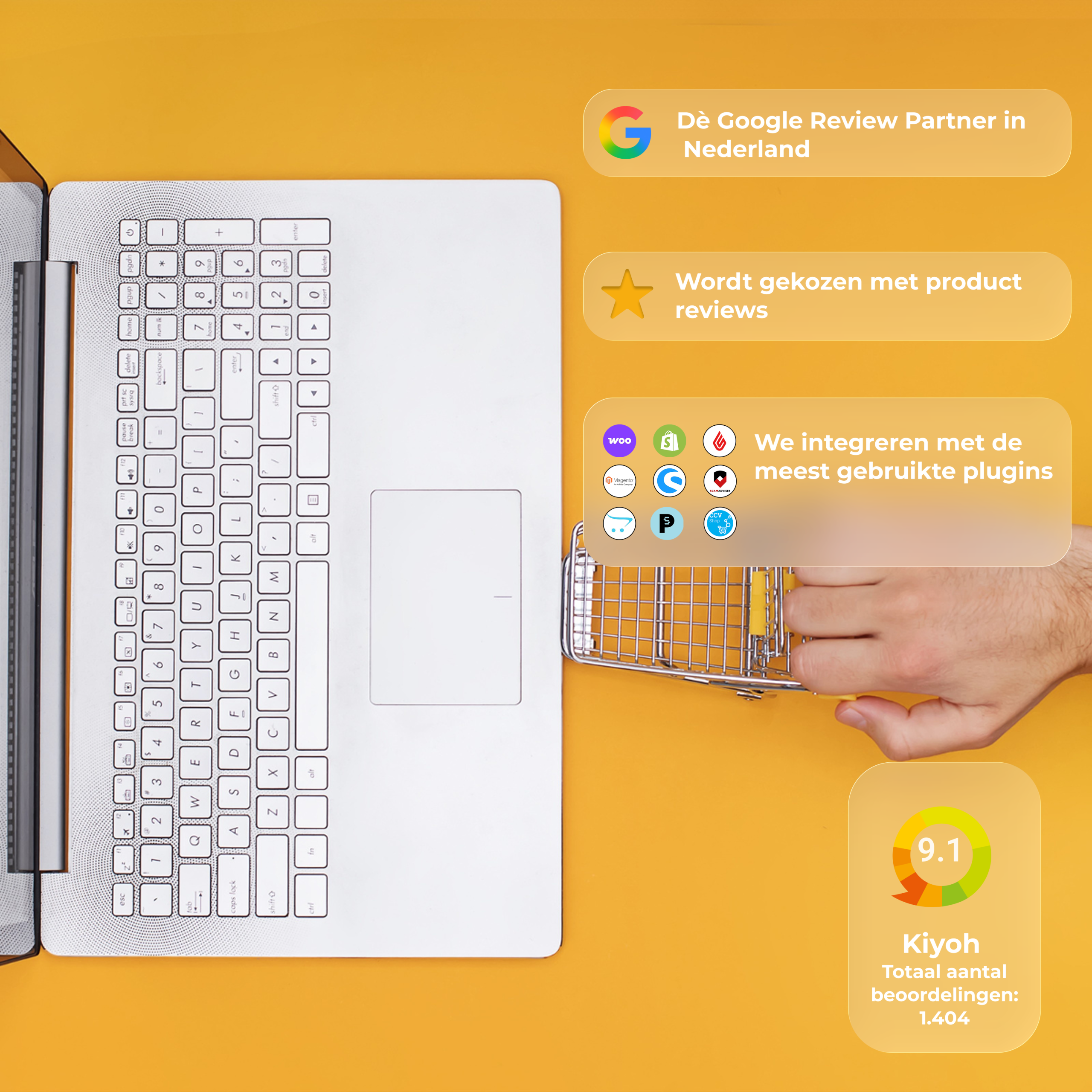 Gele achtergrond met gele usps: vele plugins, 9.1 score, Google review partner en product reviews met Google shopping