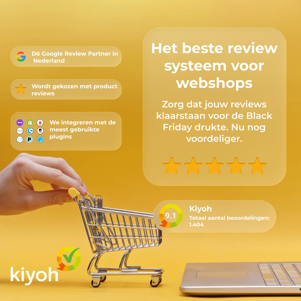 Gele achtergrond met tekst: Exclusieve Black Friday kortingen bij Kiyoh
