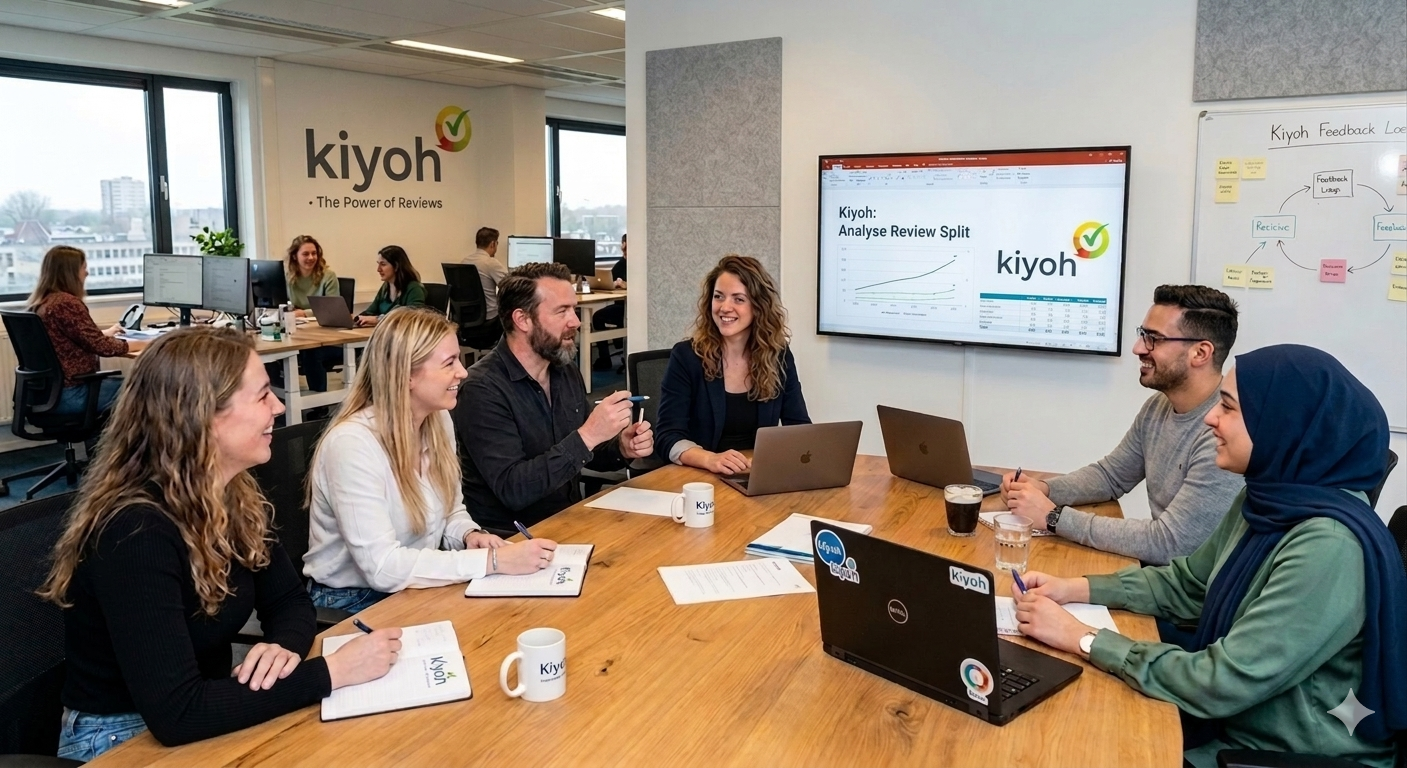 Een professioneel team overlegt bij een groot scherm met de presentatie 'Analyse Reviewsplit' en een whiteboard met een feedback-loop in het Kiyoh-kantoor.