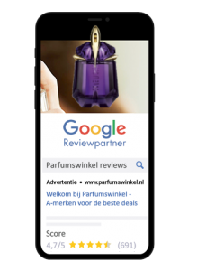 Mobiele schermweergave van een Google reviewpartner advertentie voor Parfumswinkel, met een paarse parfumfles, een 4,7/5 sterbeoordeling en 691 reviews